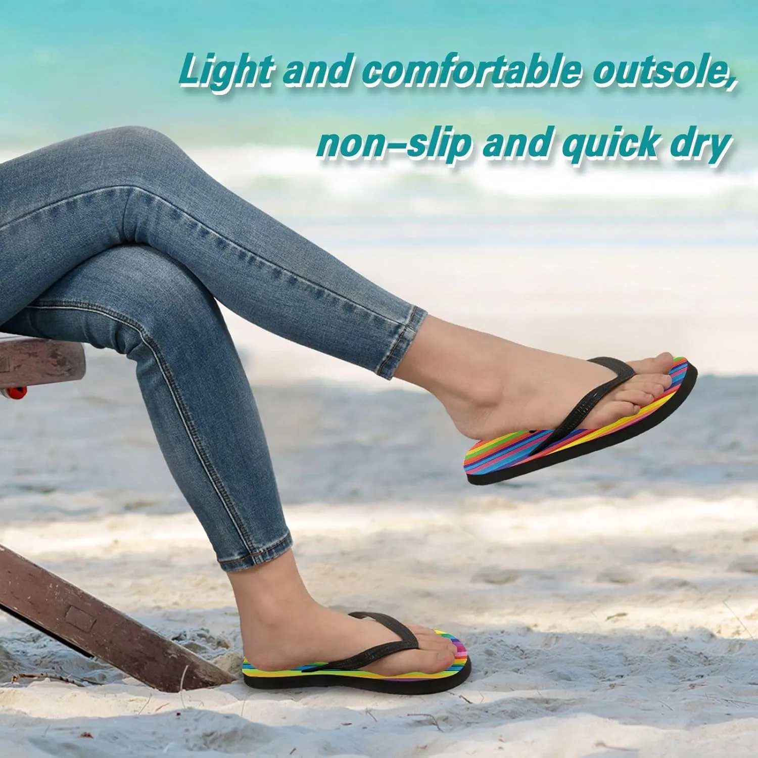 CEBUGI Unisex Flip Flop -Flat Sandal -NonSlip Couple Slippers -Natural Rubber Foam Soles Ultimate Comfort and Durability for Indoor Outdoor|Rainbow Stripes