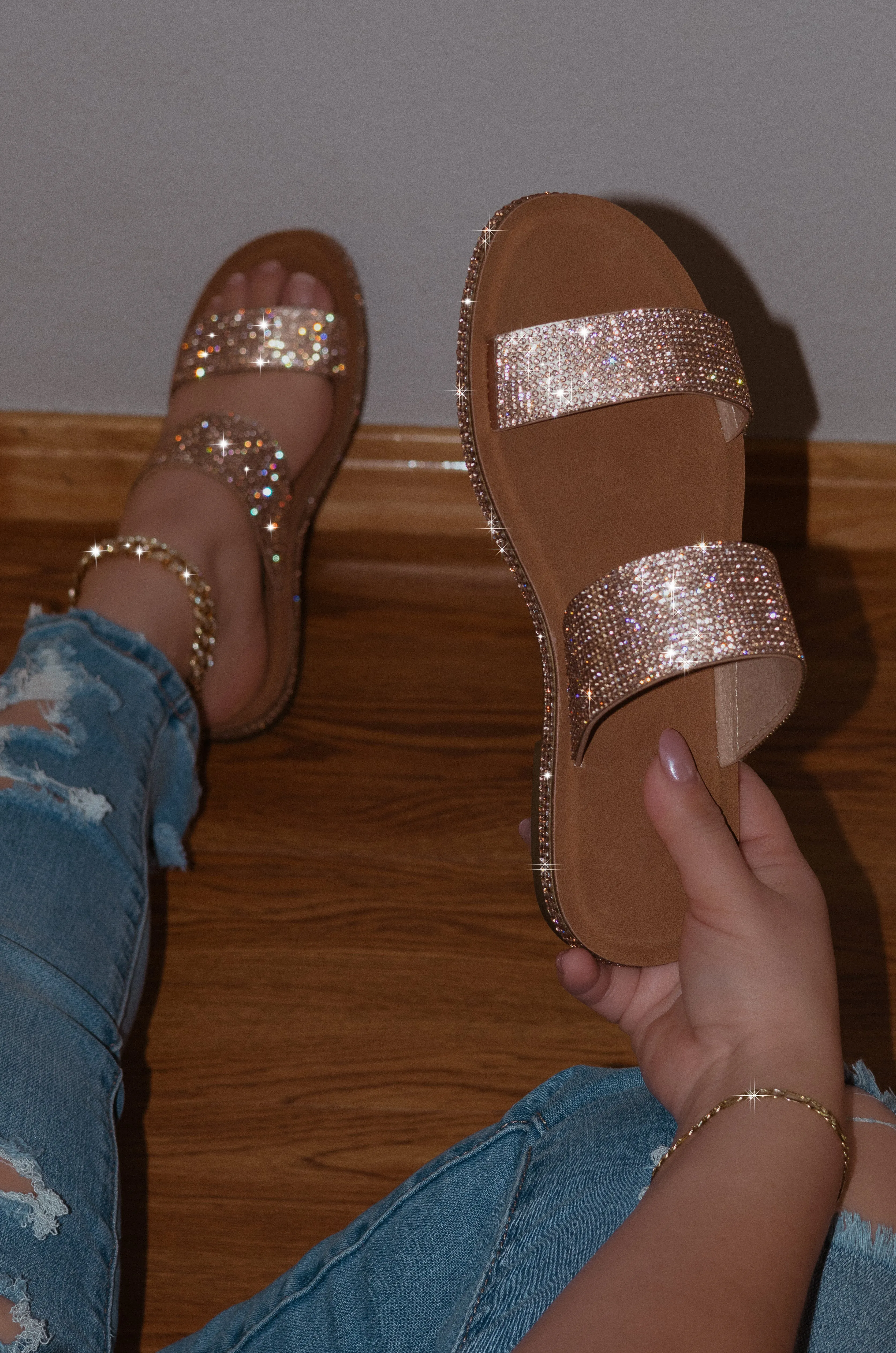 Celestia - Double Rhinestone Strap Slip-On Sandals, Sparkly Summer Footwear, Lightweight & Stylish, Perfect for Casual or Dressy Occasions