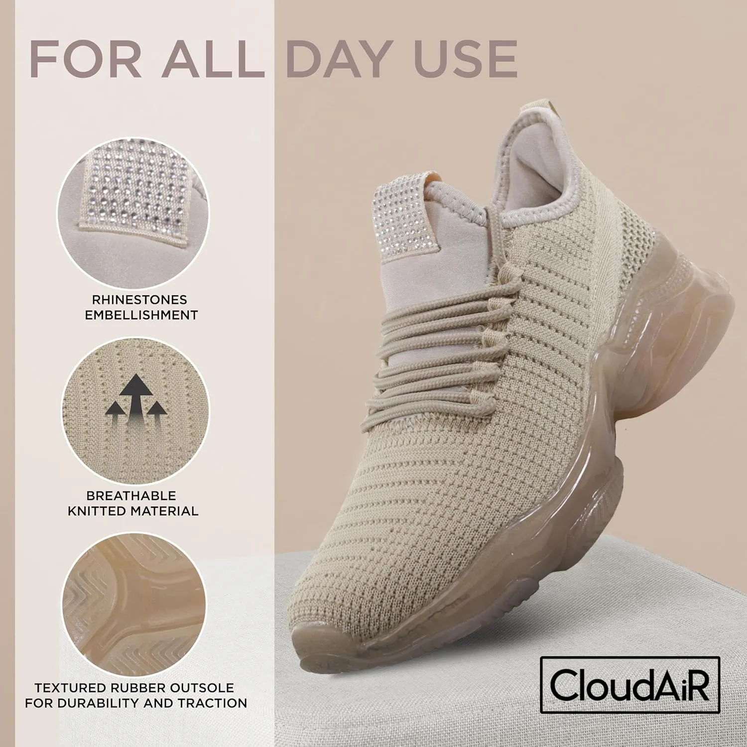 CLOUDAIR Vesta Women's Sneakers: Casual Running, Walking Arch Support Shoes, Lightweight Slip-On Sock Design, Non-Slip Work Shoes for Women, Comfortable Air Cushioned Platform Sneakers
