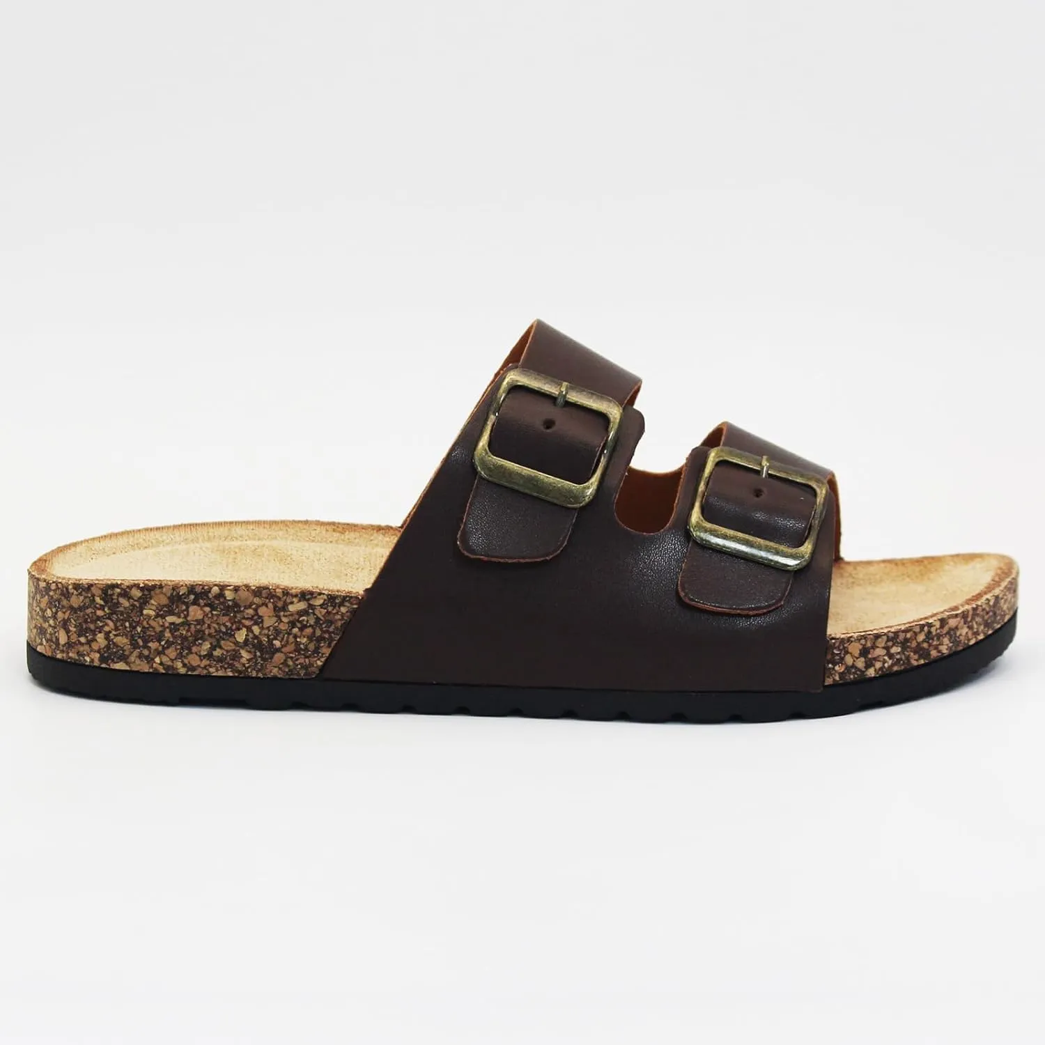Cork Footbed Flat Slide Sandals for Women, Ladies Leather Slippers, Adjustable Buckle Memory Foam Beach Essentials Fashion Sandals Vacation Shoes Stylish Casual Footwear