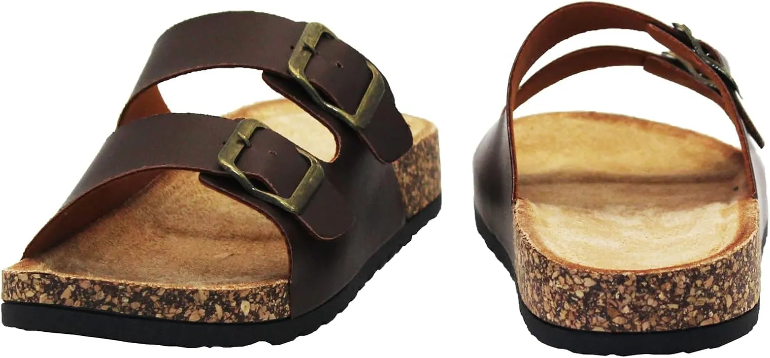 Cork Footbed Flat Slide Sandals for Women, Ladies Leather Slippers, Adjustable Buckle Memory Foam Beach Essentials Fashion Sandals Vacation Shoes Stylish Casual Footwear