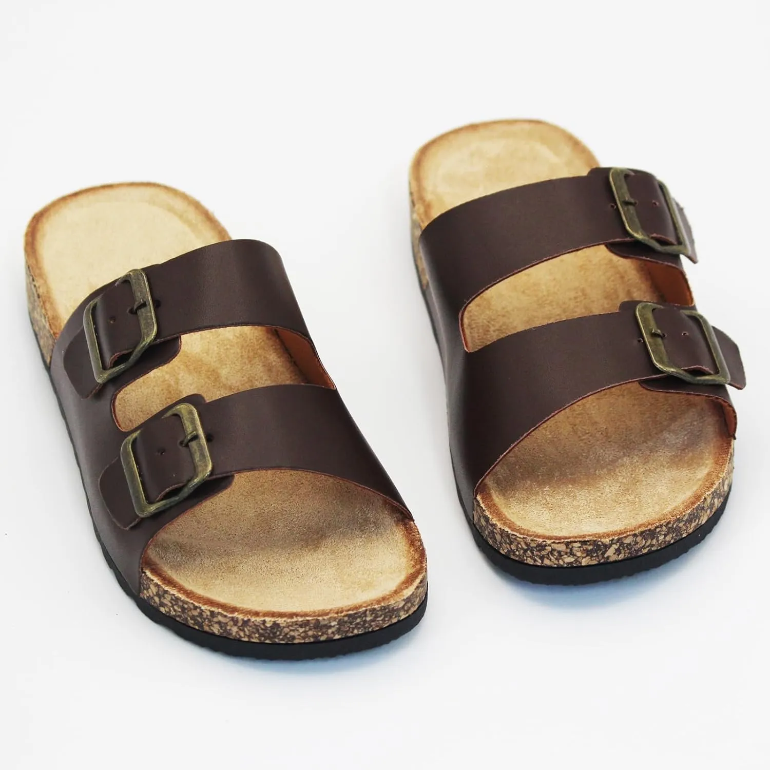 Cork Footbed Flat Slide Sandals for Women, Ladies Leather Slippers, Adjustable Buckle Memory Foam Beach Essentials Fashion Sandals Vacation Shoes Stylish Casual Footwear
