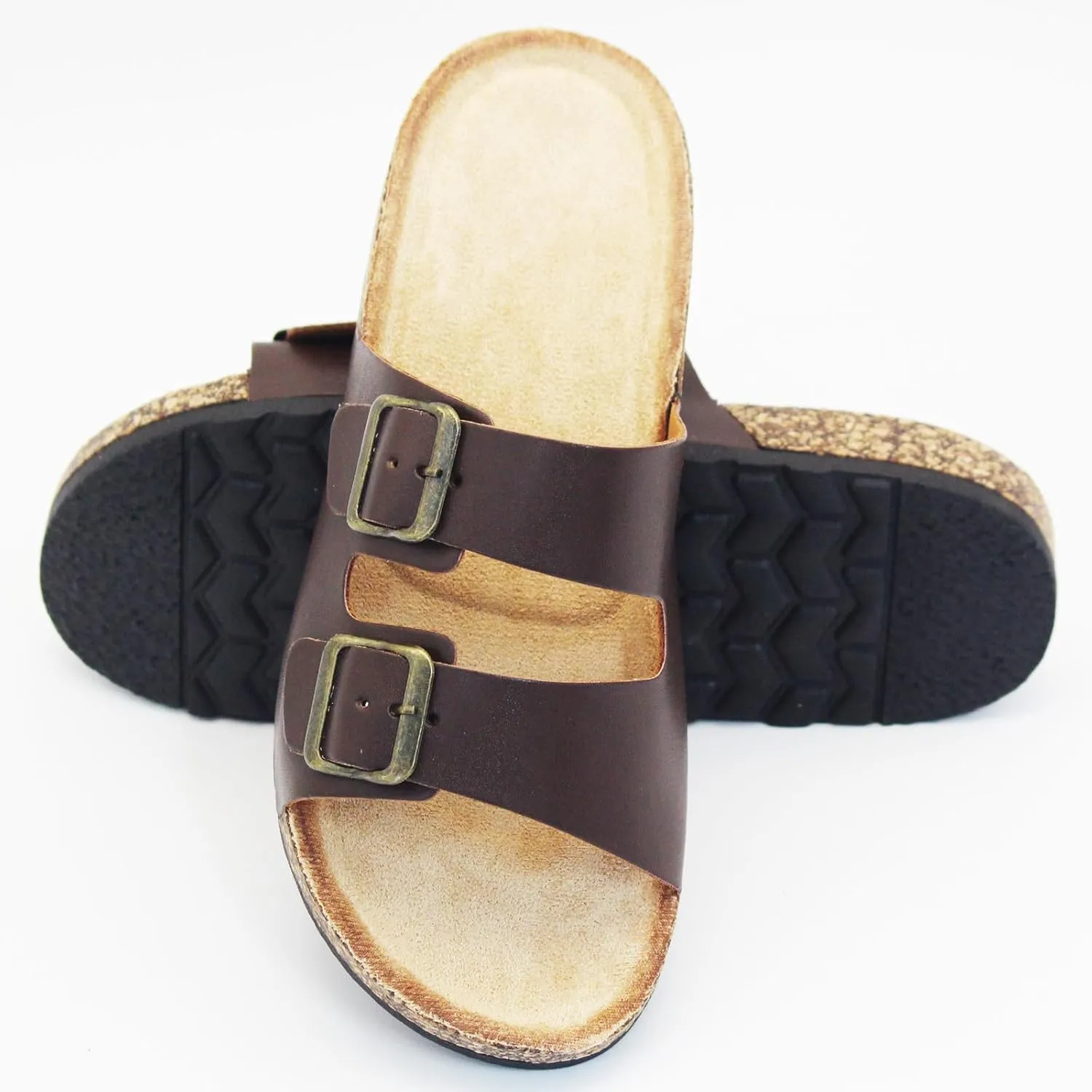 Cork Footbed Flat Slide Sandals for Women, Ladies Leather Slippers, Adjustable Buckle Memory Foam Beach Essentials Fashion Sandals Vacation Shoes Stylish Casual Footwear