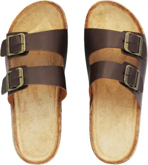 Cork Footbed Flat Slide Sandals for Women, Ladies Leather Slippers, Adjustable Buckle Memory Foam Beach Essentials Fashion Sandals Vacation Shoes Stylish Casual Footwear