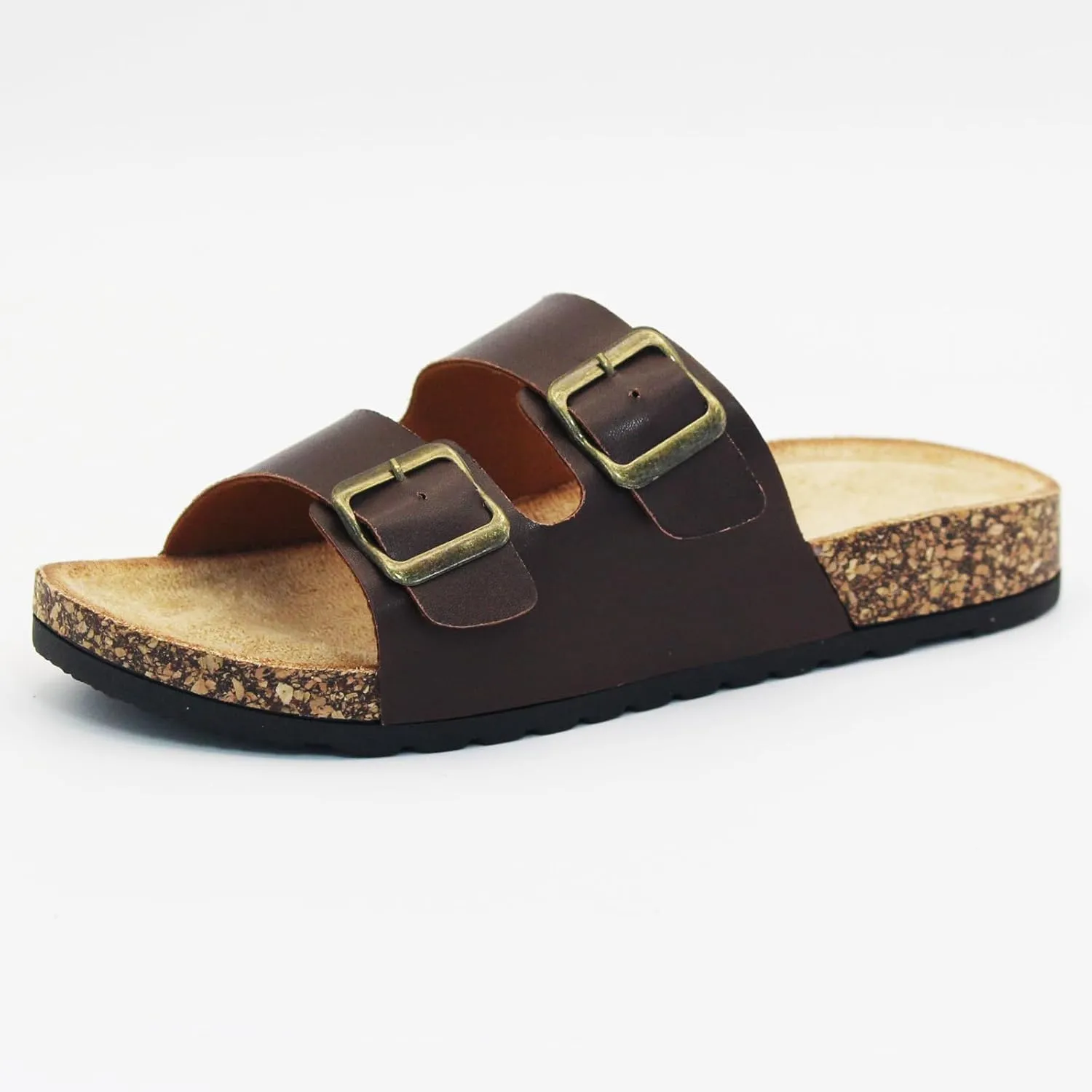 Cork Footbed Flat Slide Sandals for Women, Ladies Leather Slippers, Adjustable Buckle Memory Foam Beach Essentials Fashion Sandals Vacation Shoes Stylish Casual Footwear