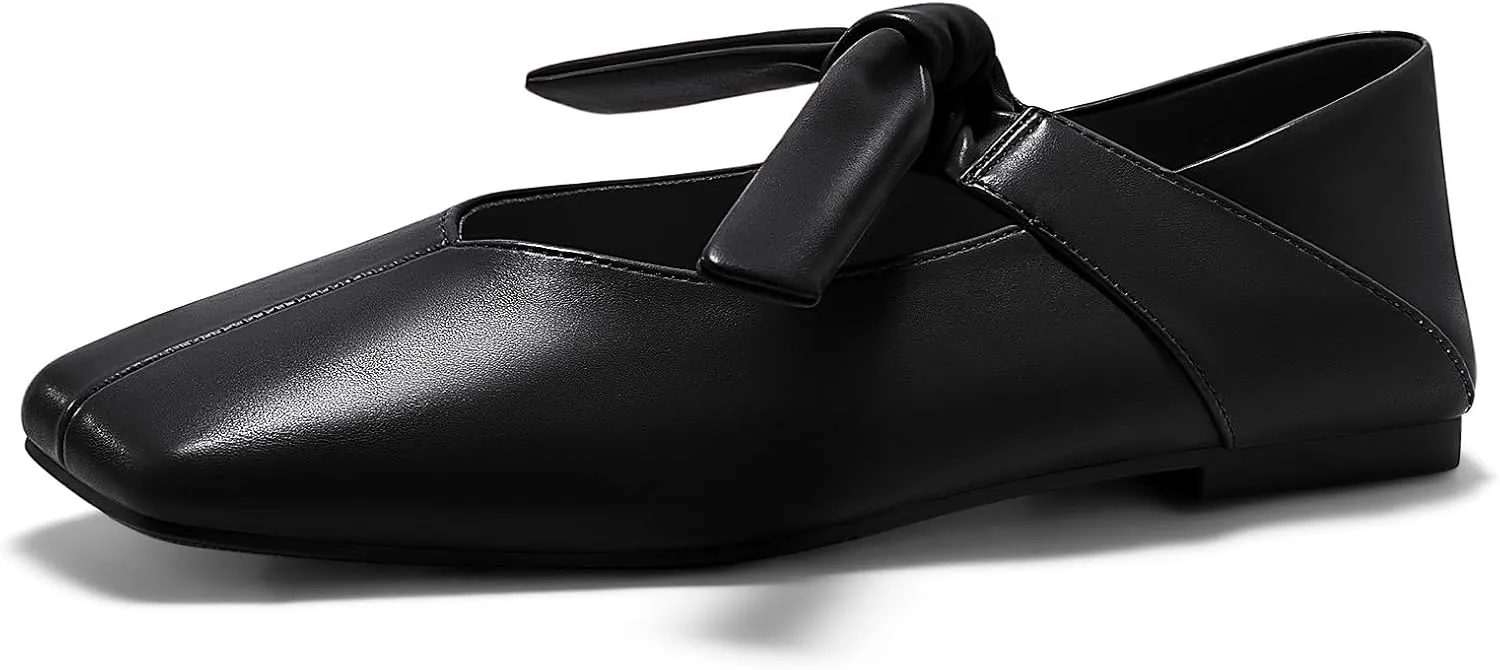 Coutgo Womens Mary Jane Flats Bow Square Toe Ballet Flats Dressy Comfortable Slip on Flat Shoes
