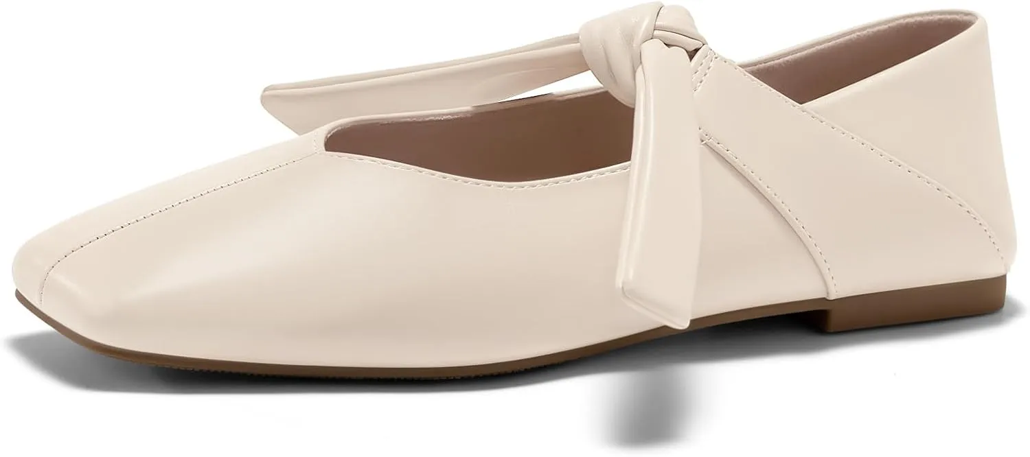 Coutgo Womens Mary Jane Flats Bow Square Toe Ballet Flats Dressy Comfortable Slip on Flat Shoes