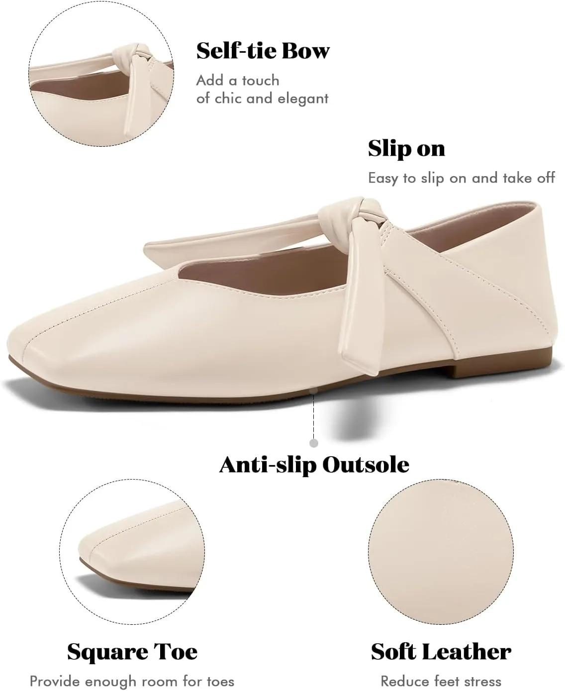 Coutgo Womens Mary Jane Flats Bow Square Toe Ballet Flats Dressy Comfortable Slip on Flat Shoes