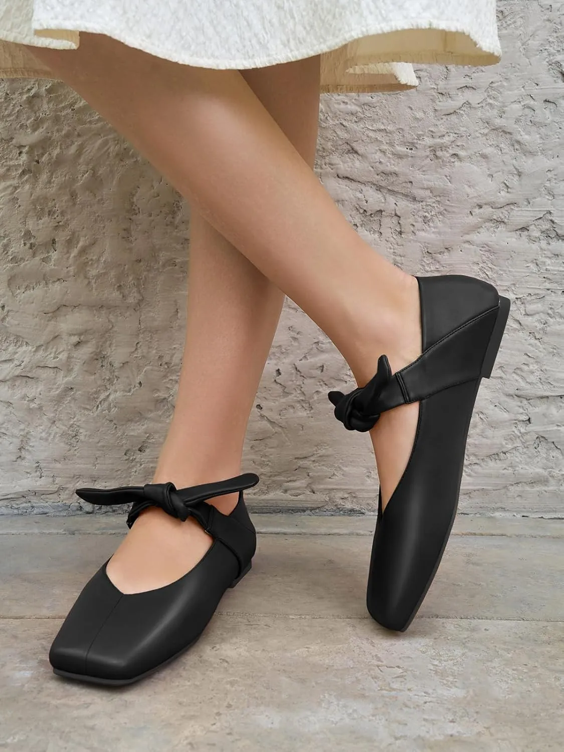 Coutgo Womens Mary Jane Flats Bow Square Toe Ballet Flats Dressy Comfortable Slip on Flat Shoes