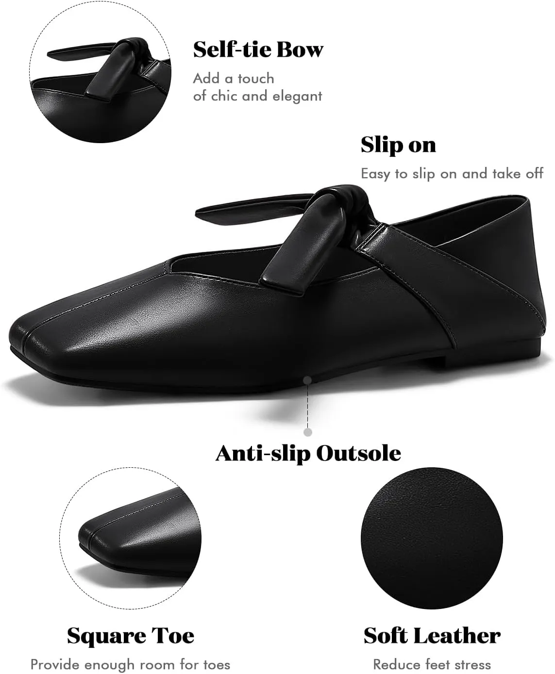 Coutgo Womens Mary Jane Flats Bow Square Toe Ballet Flats Dressy Comfortable Slip on Flat Shoes