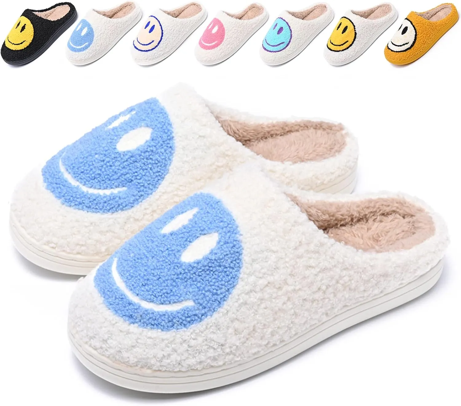 Cute Smile Face Slippers for Women and Men,Soft Plush Comfy Warm Couple Slip-On House Happy Face Slippers For Winter Indoor Outdoor Smile Slippers Non-slip Fuzzy Flat Slides