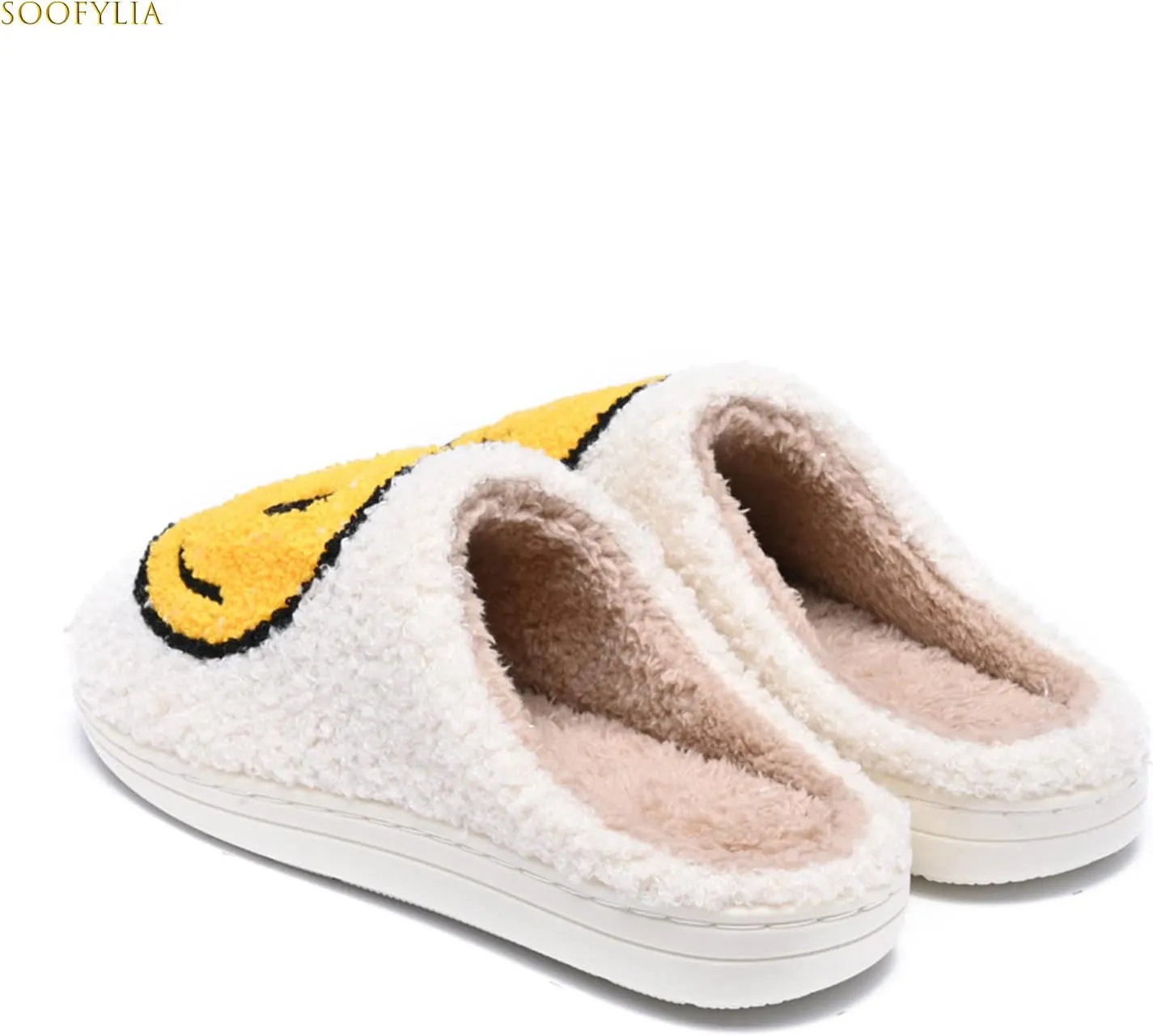 Cute Smile Face Slippers for Women and Men,Soft Plush Comfy Warm Couple Slip-On House Happy Face Slippers For Winter Indoor Outdoor Smile Slippers Non-slip Fuzzy Flat Slides