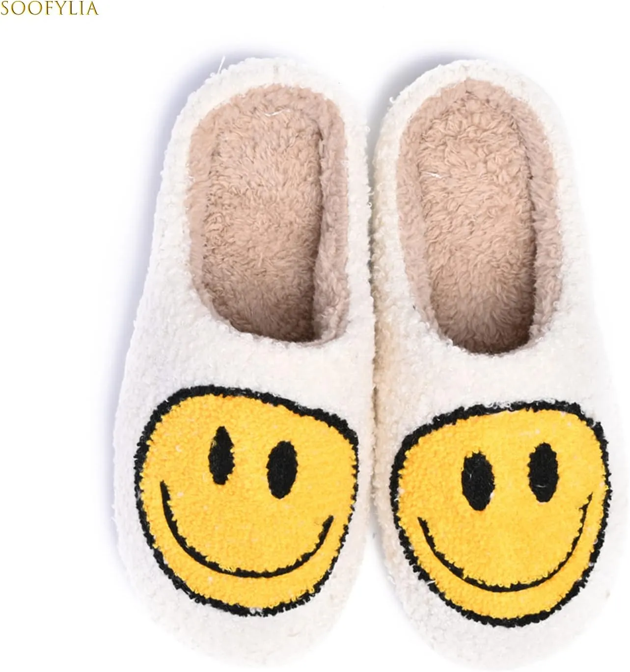 Cute Smile Face Slippers for Women and Men,Soft Plush Comfy Warm Couple Slip-On House Happy Face Slippers For Winter Indoor Outdoor Smile Slippers Non-slip Fuzzy Flat Slides