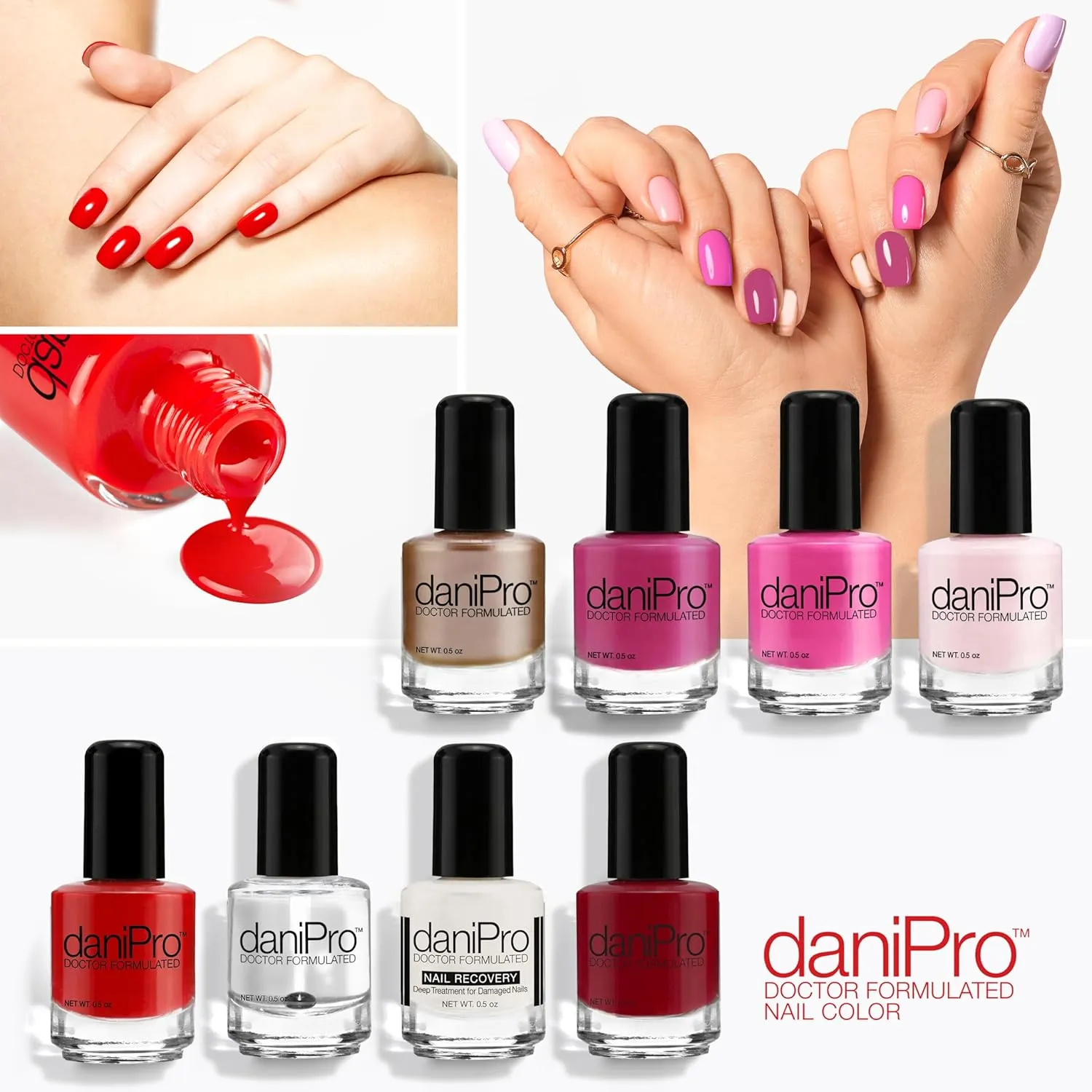 daniPro Doctor Formulated Nail Polish, 0.5 oz First Kiss - Bright Red Fingernail Polish & Toenail Polish with Undecylenic Acid, Biotin & Vitamins - Vegan Formula for Healthy Nails