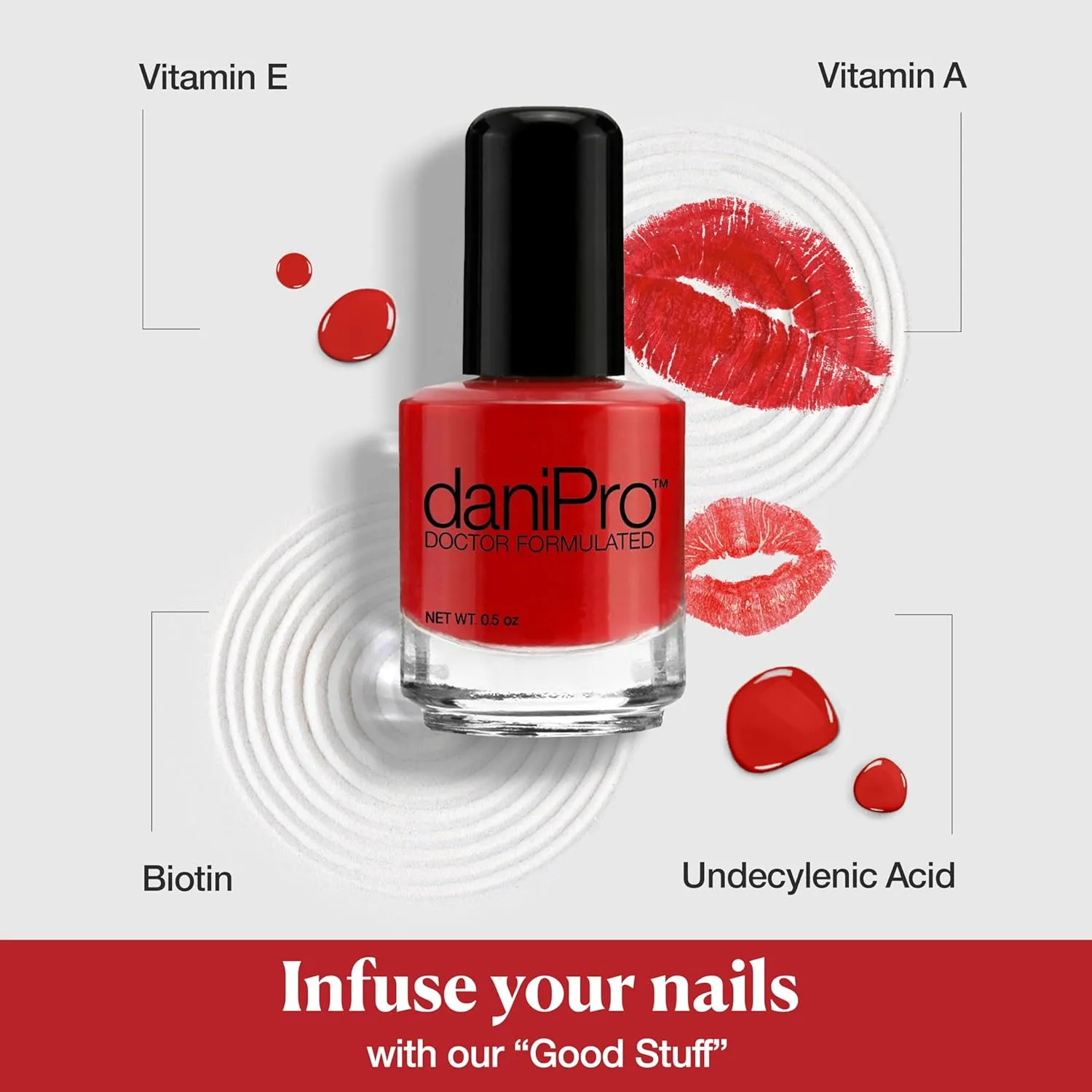 daniPro Doctor Formulated Nail Polish, 0.5 oz First Kiss - Bright Red Fingernail Polish & Toenail Polish with Undecylenic Acid, Biotin & Vitamins - Vegan Formula for Healthy Nails