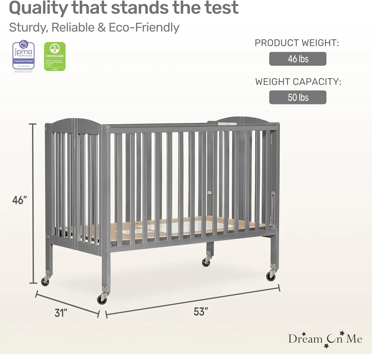 Dream On Me Folding Full Size Convenience Crib In Storm Grey, Two Adjustable Mattress Height Positions, Comes With Heavy Duty Locking Wheels, Flat Folding