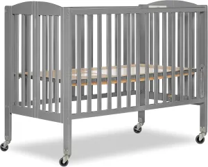 Dream On Me Folding Full Size Convenience Crib In Storm Grey, Two Adjustable Mattress Height Positions, Comes With Heavy Duty Locking Wheels, Flat Folding