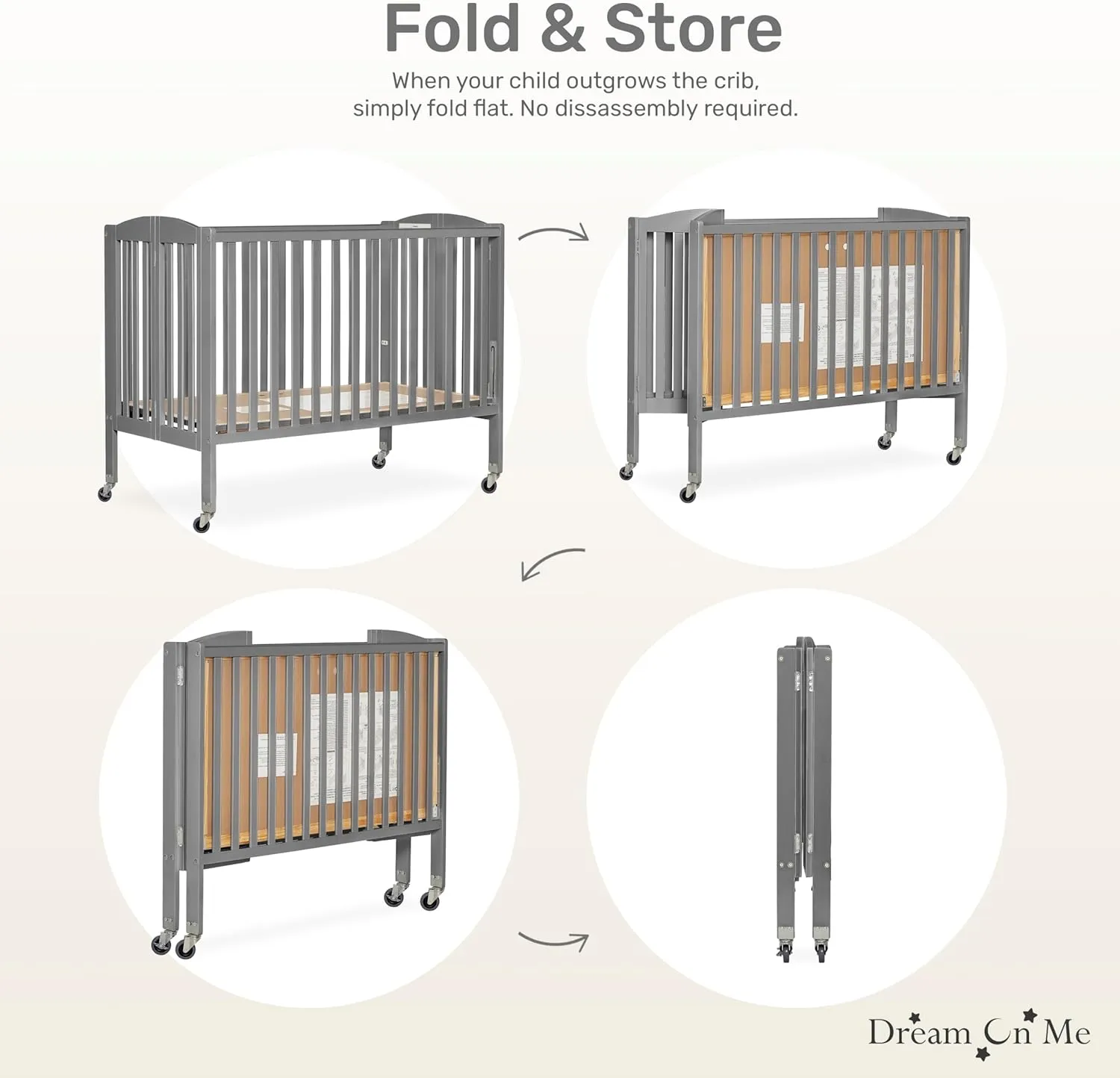 Dream On Me Folding Full Size Convenience Crib In Storm Grey, Two Adjustable Mattress Height Positions, Comes With Heavy Duty Locking Wheels, Flat Folding