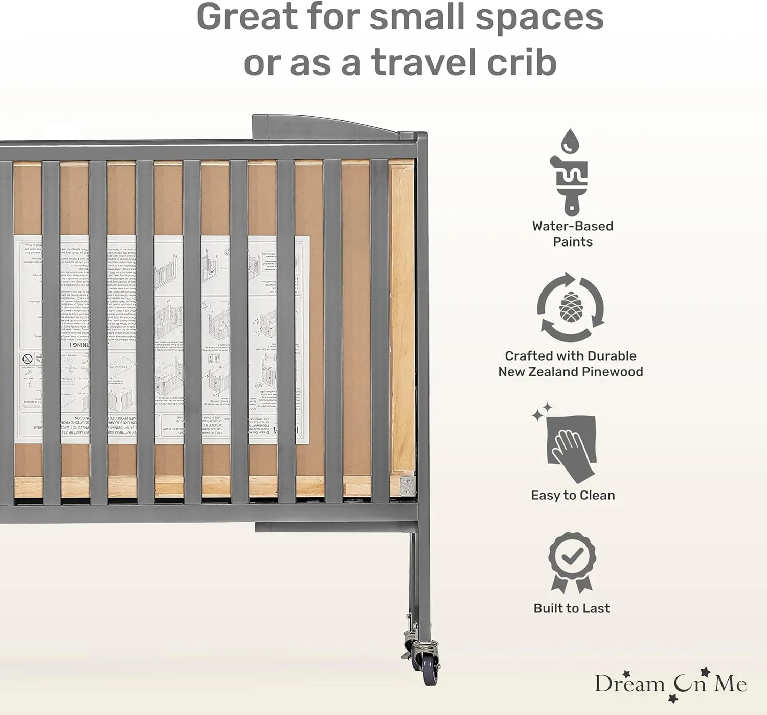 Dream On Me Folding Full Size Convenience Crib In Storm Grey, Two Adjustable Mattress Height Positions, Comes With Heavy Duty Locking Wheels, Flat Folding