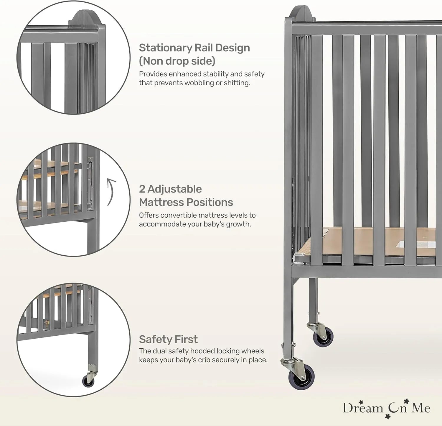 Dream On Me Folding Full Size Convenience Crib In Storm Grey, Two Adjustable Mattress Height Positions, Comes With Heavy Duty Locking Wheels, Flat Folding