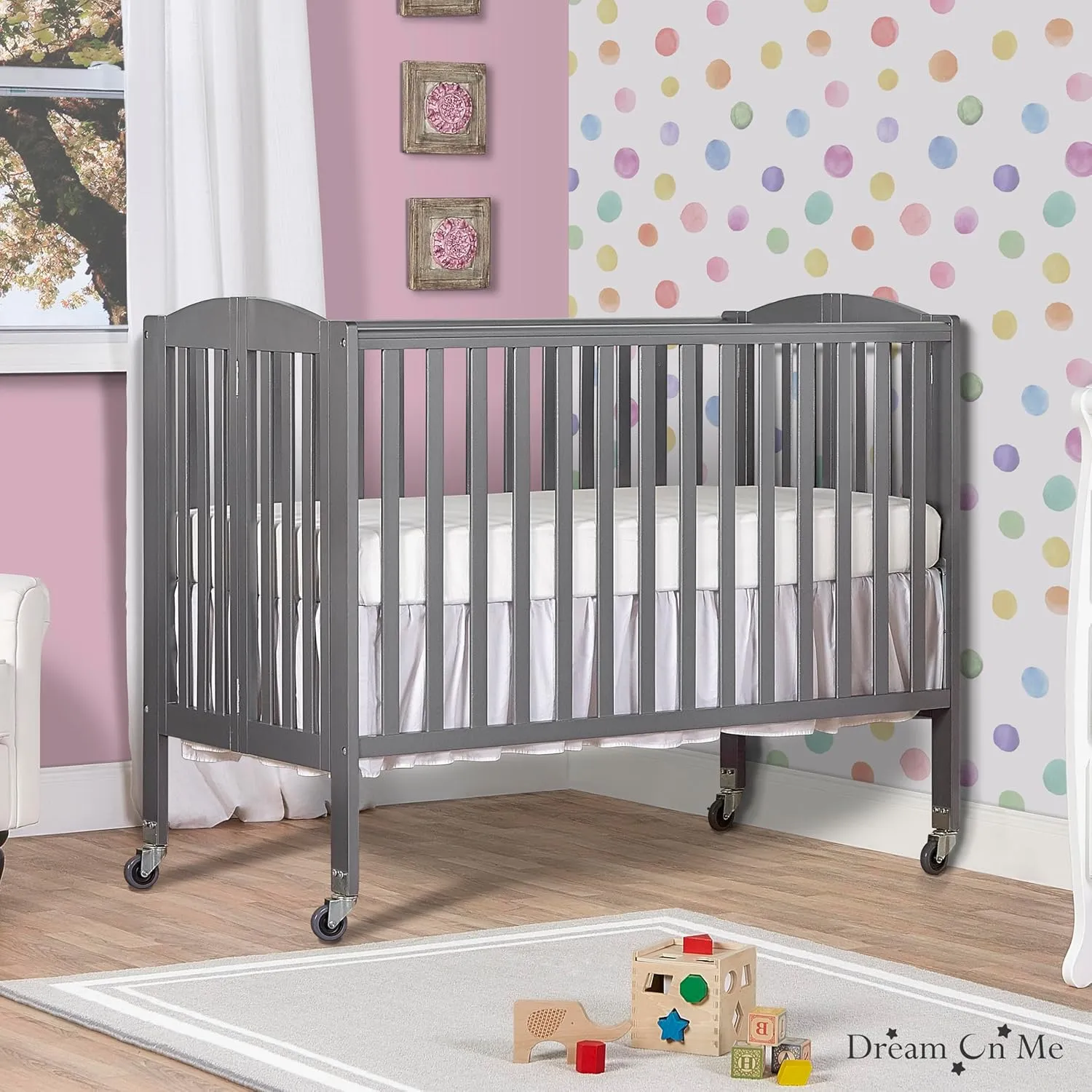 Dream On Me Folding Full Size Convenience Crib In Storm Grey, Two Adjustable Mattress Height Positions, Comes With Heavy Duty Locking Wheels, Flat Folding