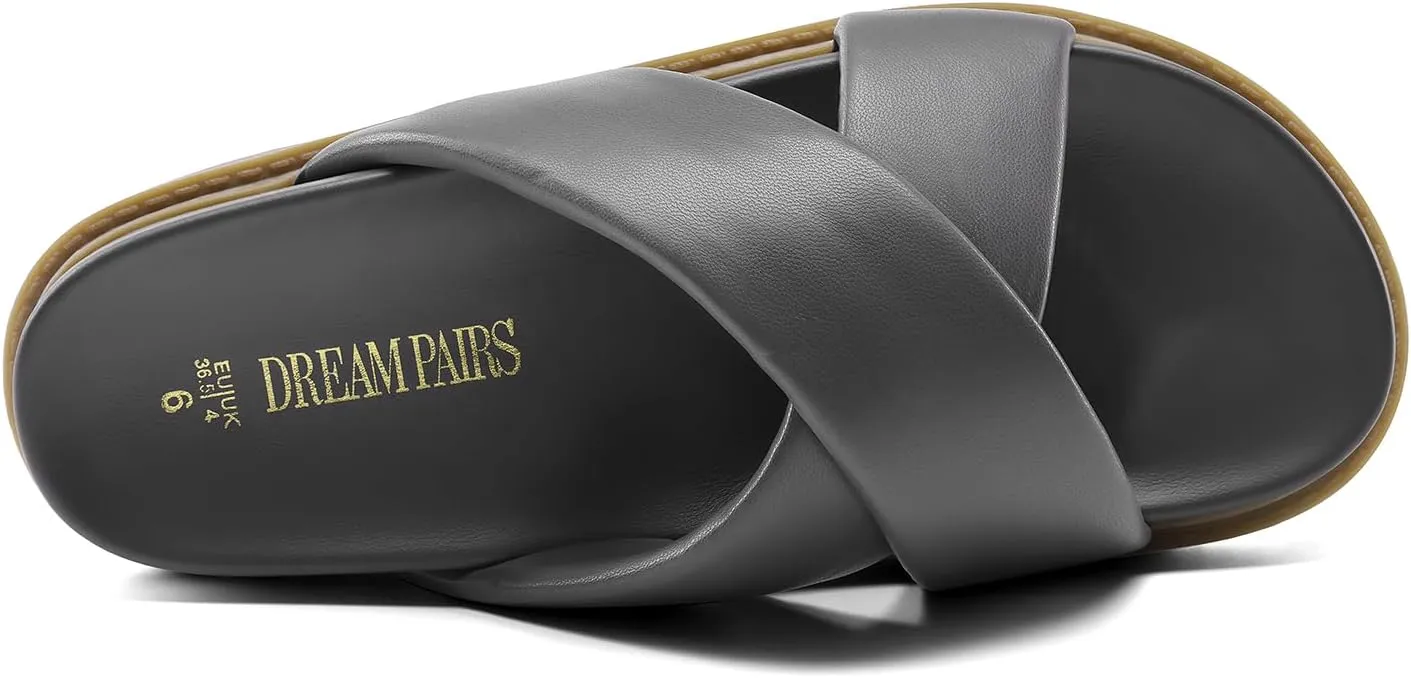 DREAM PAIRS Women's Crisscross Open Toe Slide Sandals Flat Comfort Slip on Sandals