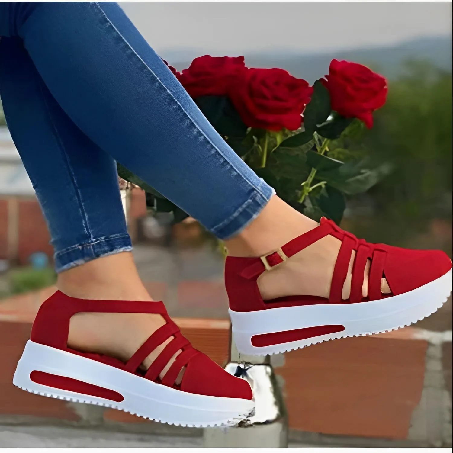 Elderly women shoes, women's comfortable casual summer women's ankle strap thick bottom wedge heel flat buckle walking shoes