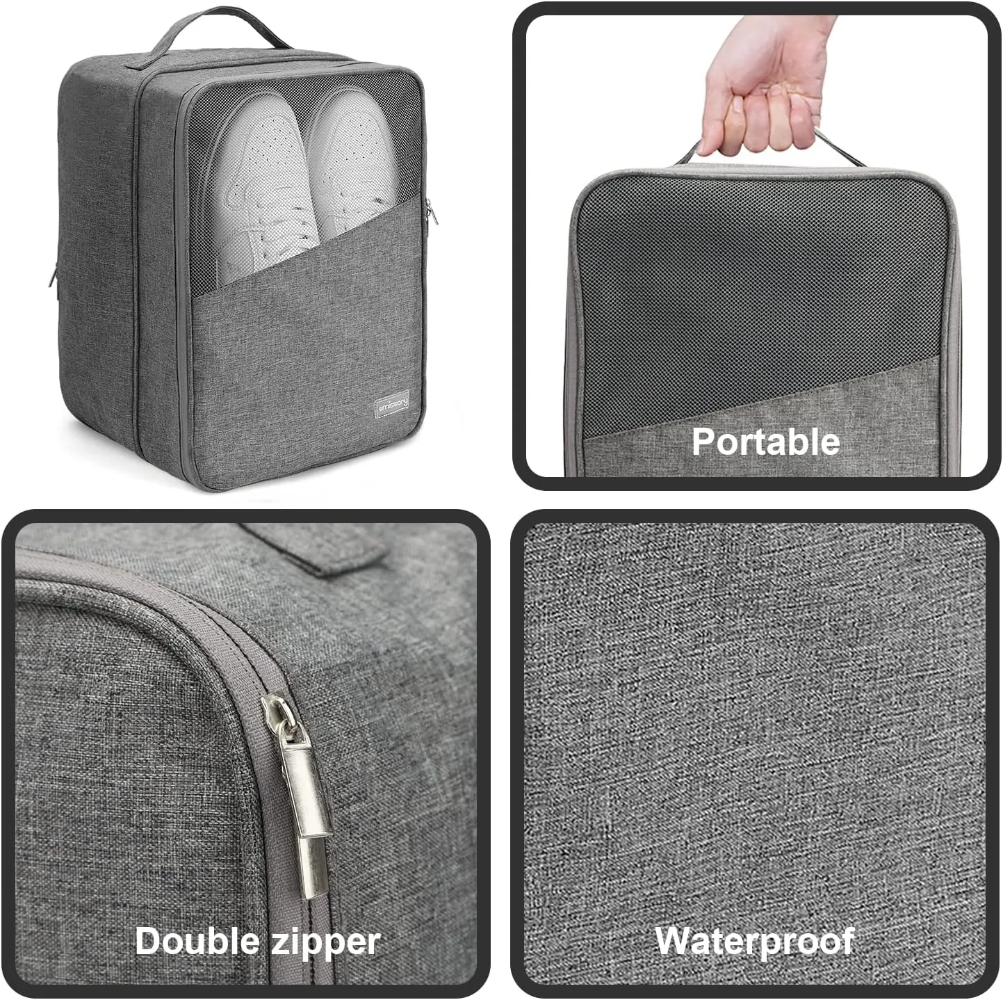 Emissary Large Waterproof Shoe Bags for Storage and Travel - Holds 3 Pairs of Shoes, Sneaker Travel Bag for Women and Men (Grey)