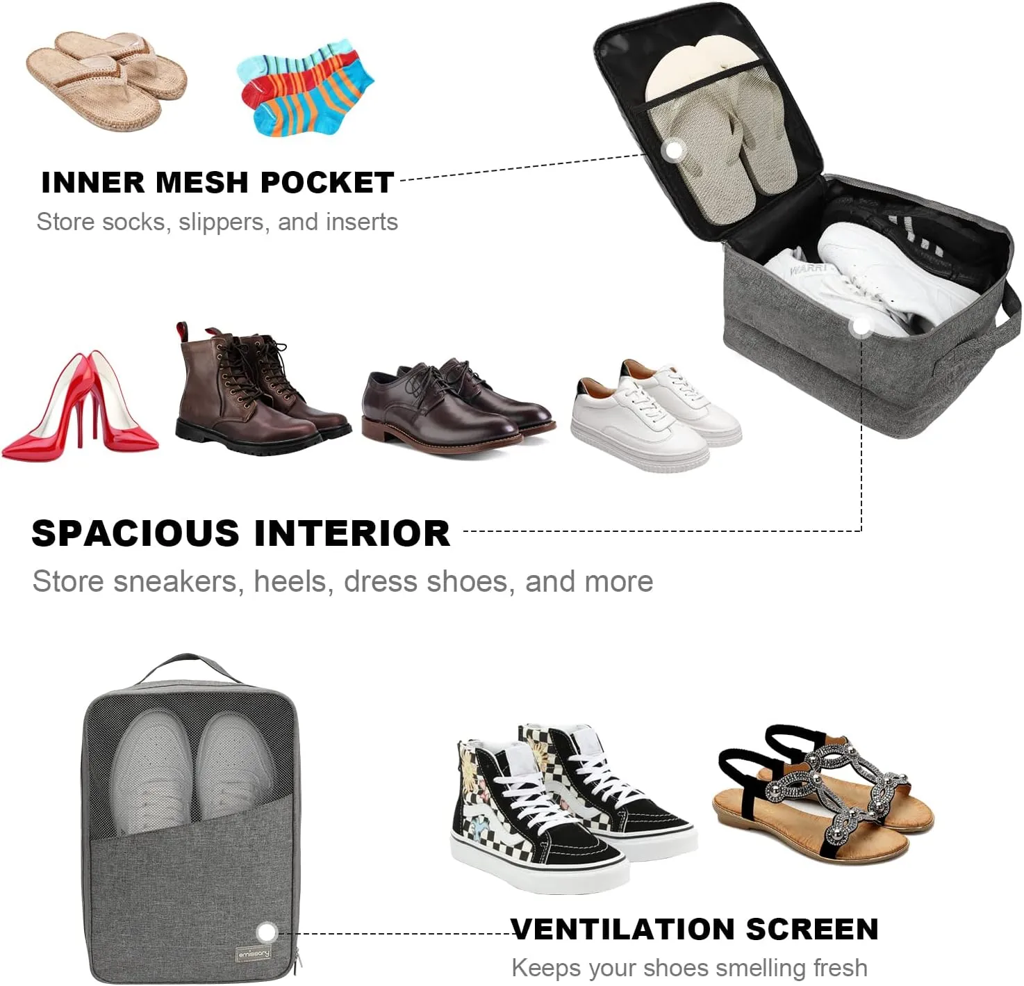 Emissary Large Waterproof Shoe Bags for Storage and Travel - Holds 3 Pairs of Shoes, Sneaker Travel Bag for Women and Men (Grey)