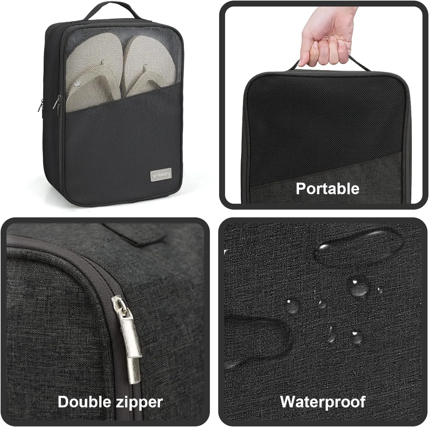 Emissary Shoe Bags - Holds 3 Pairs of Shoes for Travel & Storage, Waterproof, With Pocket - Sneaker Travel Bag for Women & Men (Black)