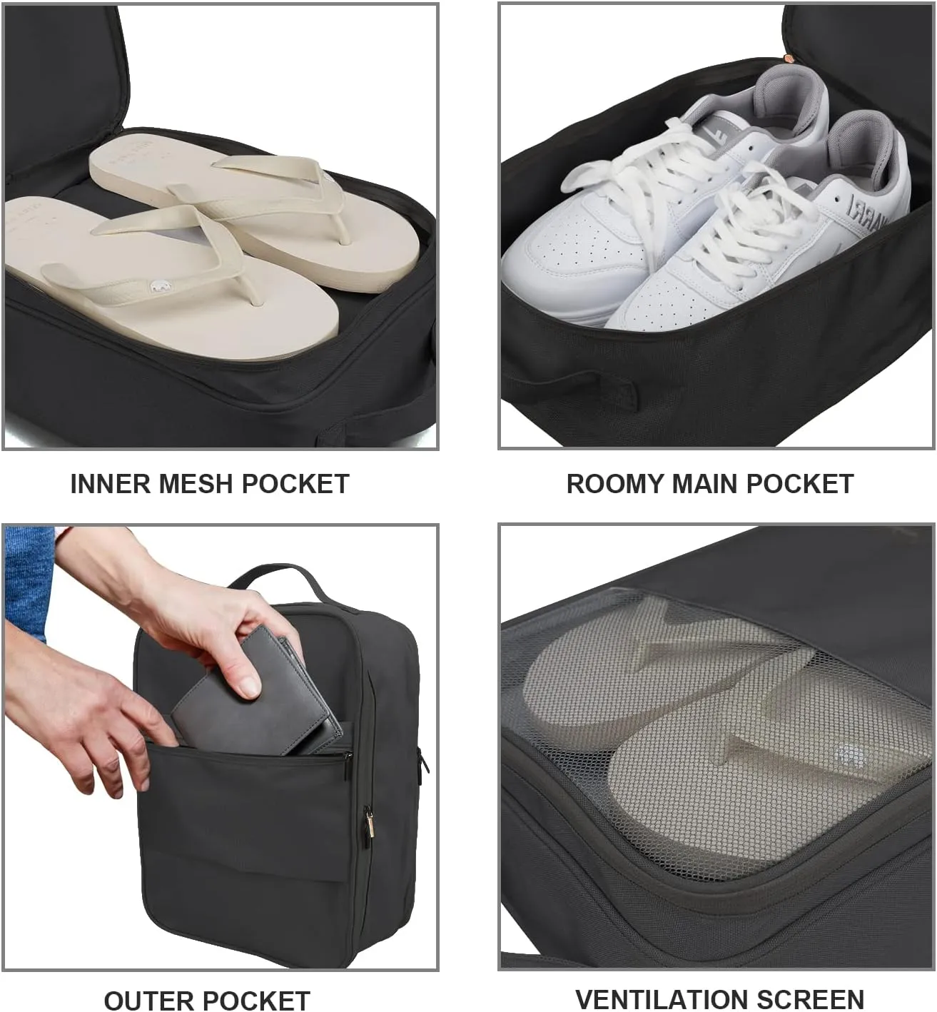 Emissary Shoe Bags - Holds 3 Pairs of Shoes for Travel & Storage, Waterproof, With Pocket - Sneaker Travel Bag for Women & Men (Black)
