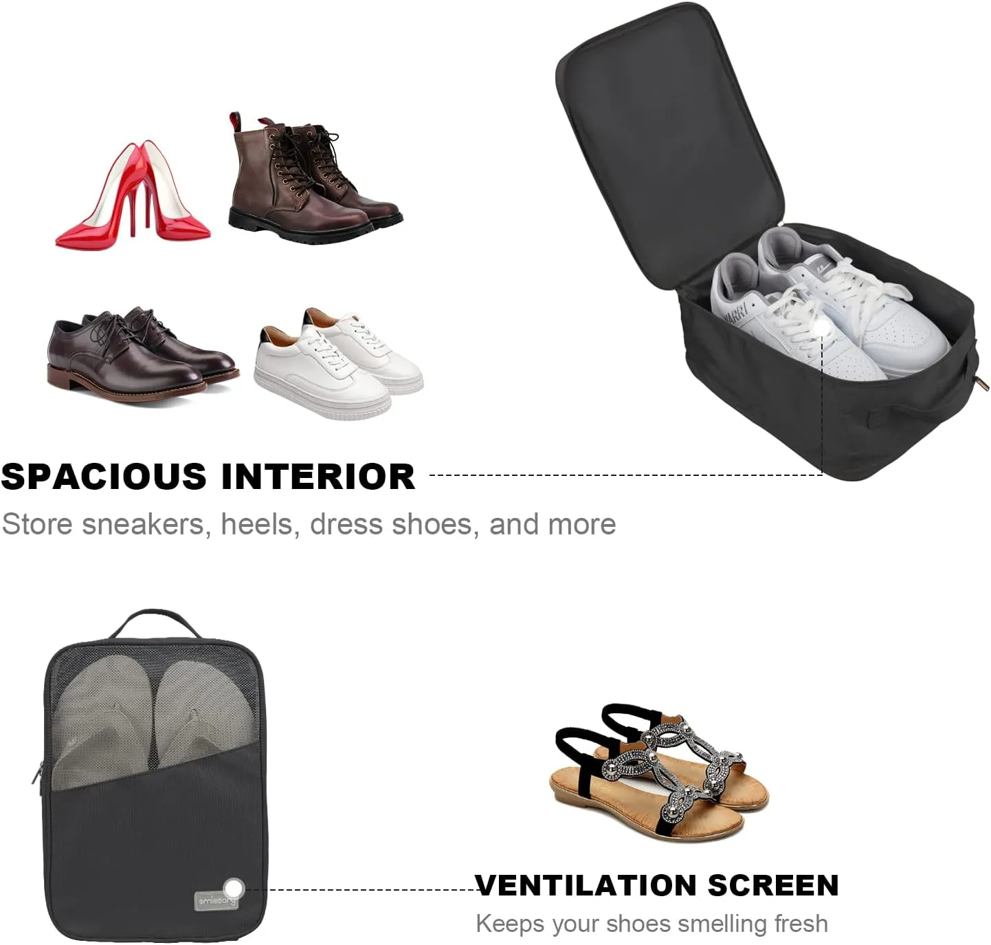 Emissary Shoe Bags - Holds 3 Pairs of Shoes for Travel & Storage, Waterproof, With Pocket - Sneaker Travel Bag for Women & Men (Black)