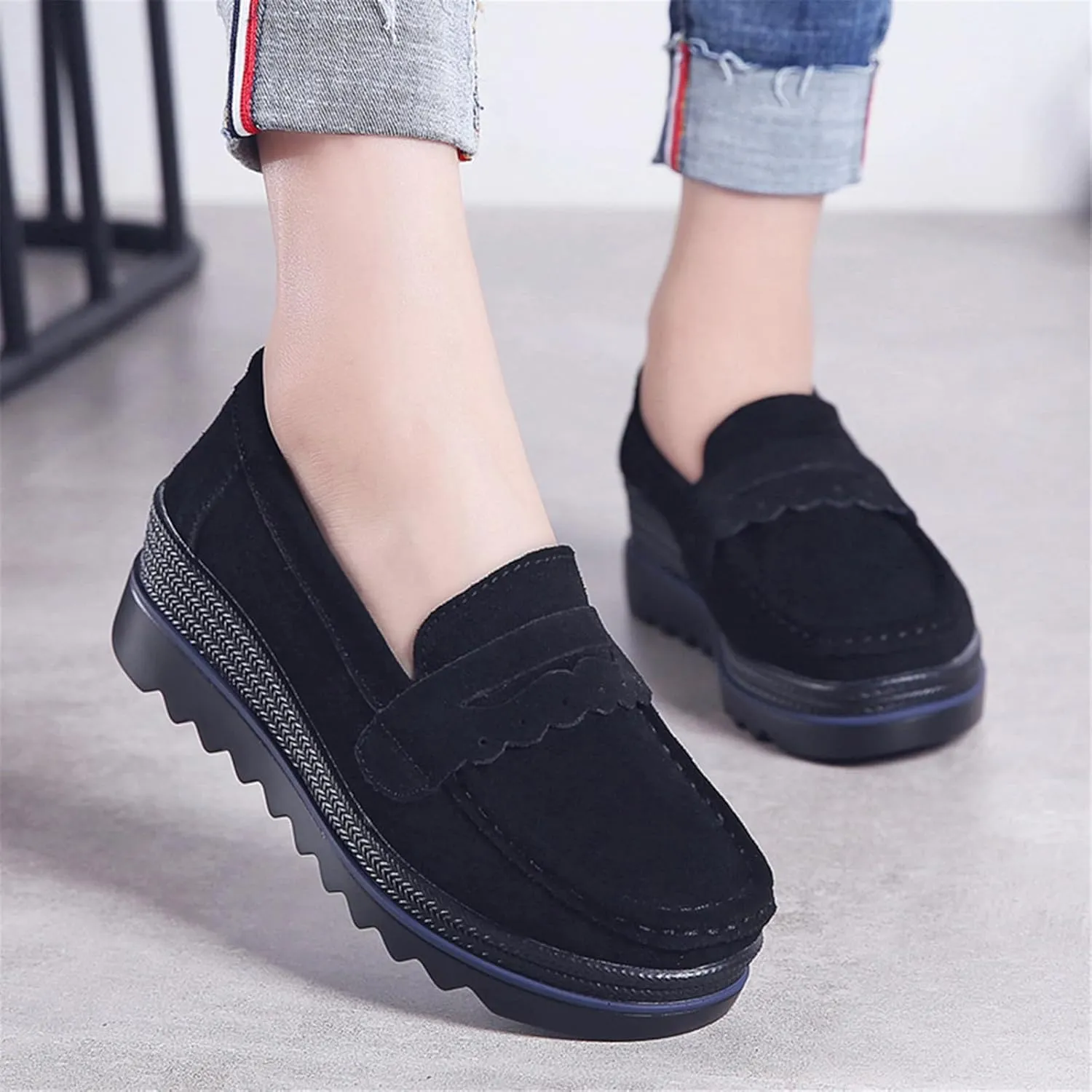 EnllerviiD Women's Platform Loafers Slip-On Comfortable Suede Moccasins Wedge Penny Loafers Casual Business Work Shoes