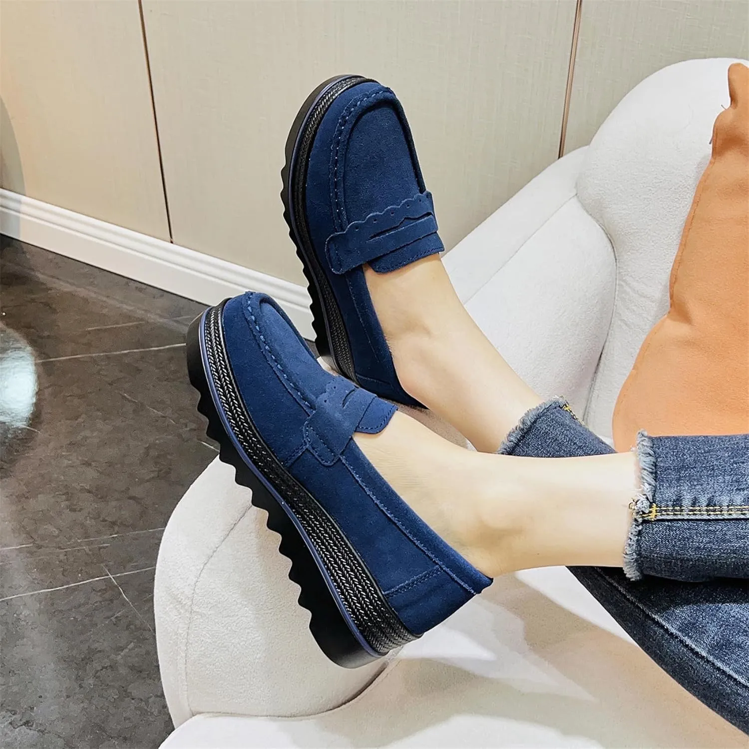EnllerviiD Women's Platform Loafers Slip-On Comfortable Suede Moccasins Wedge Penny Loafers Casual Business Work Shoes