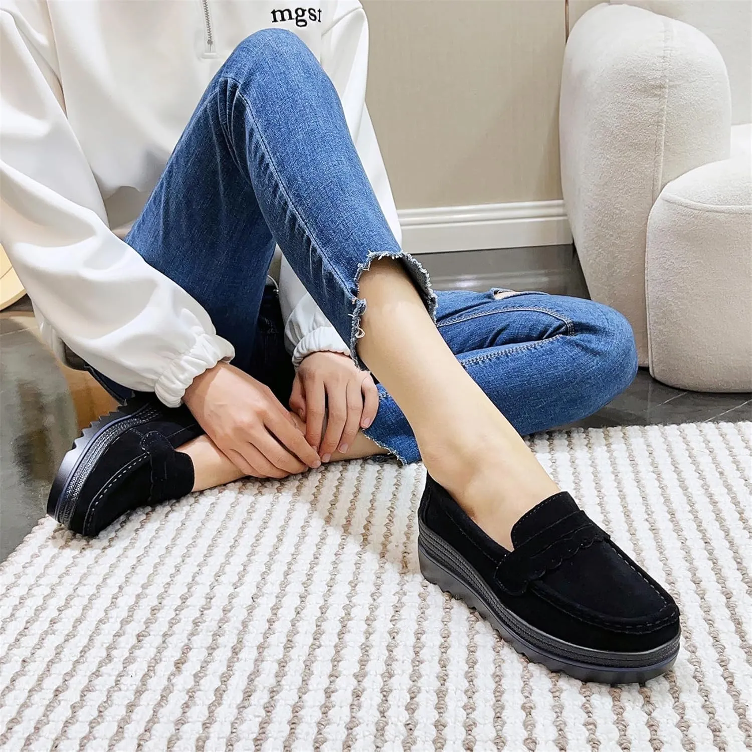 EnllerviiD Women's Platform Loafers Slip-On Comfortable Suede Moccasins Wedge Penny Loafers Casual Business Work Shoes