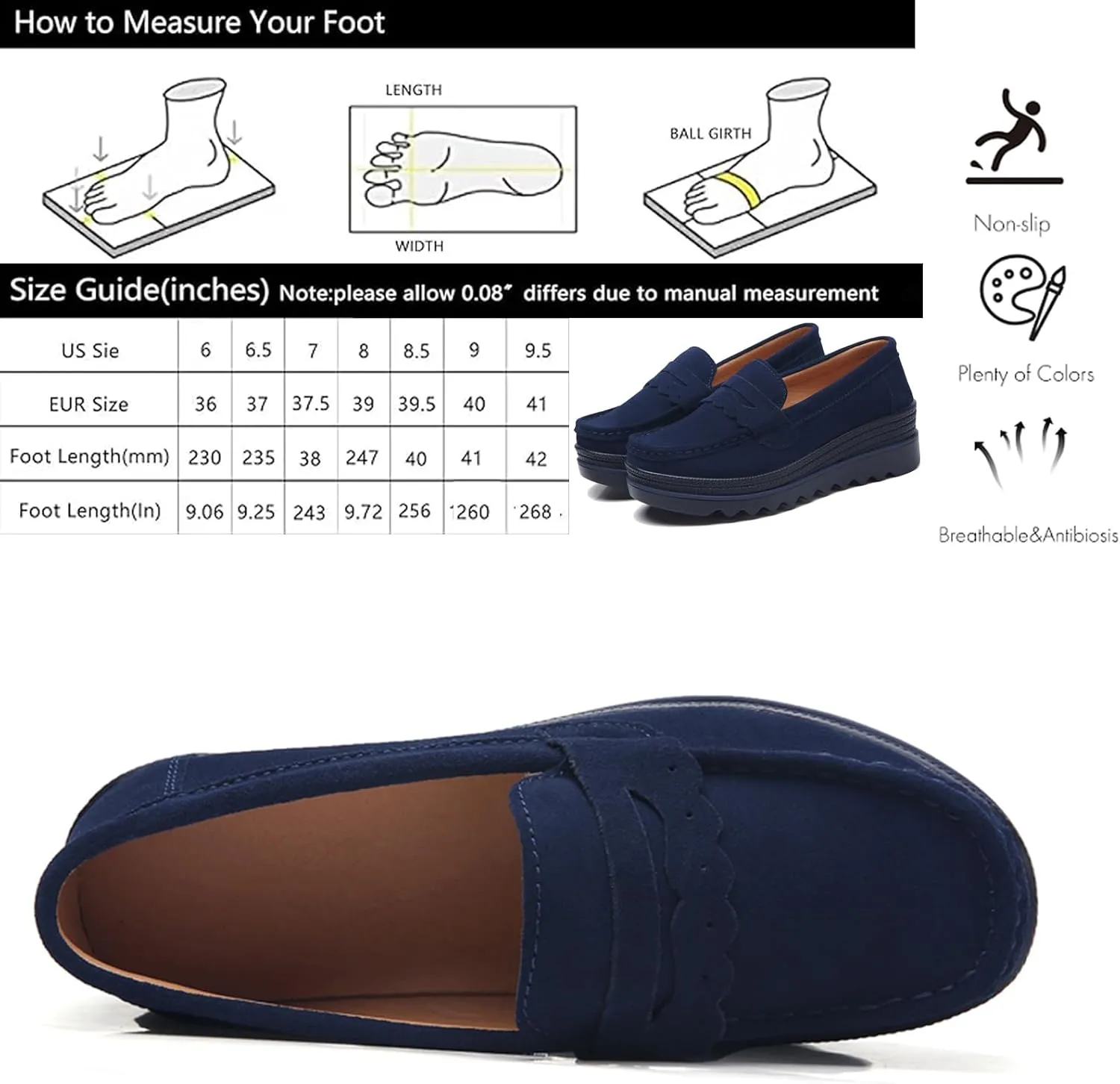 EnllerviiD Women's Platform Loafers Slip-On Comfortable Suede Moccasins Wedge Penny Loafers Casual Business Work Shoes