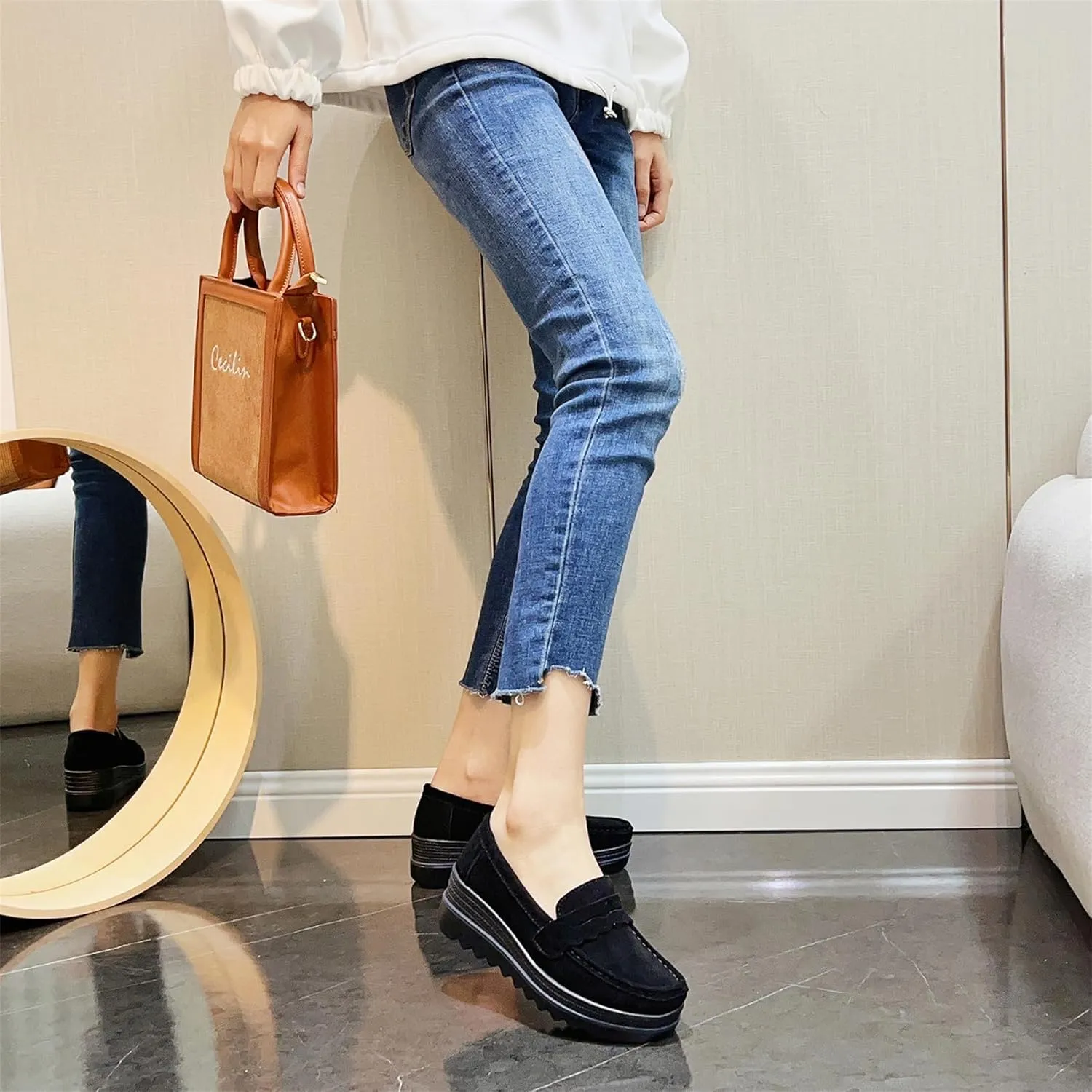 EnllerviiD Women's Platform Loafers Slip-On Comfortable Suede Moccasins Wedge Penny Loafers Casual Business Work Shoes