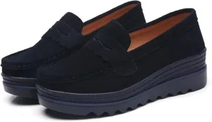 EnllerviiD Women's Platform Loafers Slip-On Comfortable Suede Moccasins Wedge Penny Loafers Casual Business Work Shoes