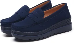 EnllerviiD Women's Platform Loafers Slip-On Comfortable Suede Moccasins Wedge Penny Loafers Casual Business Work Shoes