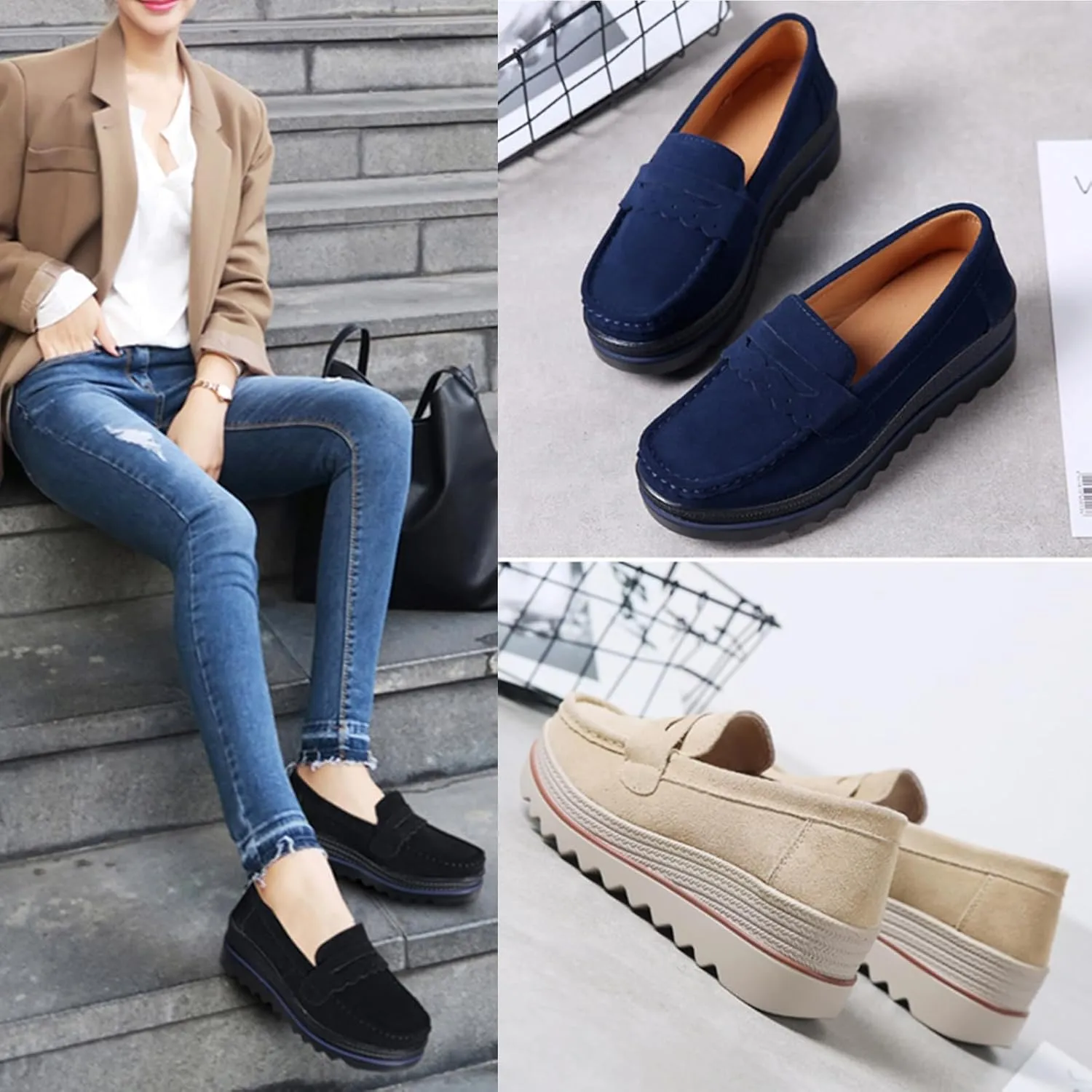 EnllerviiD Women's Platform Loafers Slip-On Comfortable Suede Moccasins Wedge Penny Loafers Casual Business Work Shoes