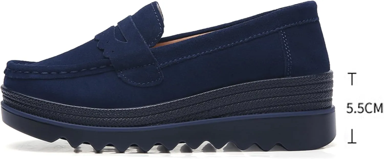 EnllerviiD Women's Platform Loafers Slip-On Comfortable Suede Moccasins Wedge Penny Loafers Casual Business Work Shoes