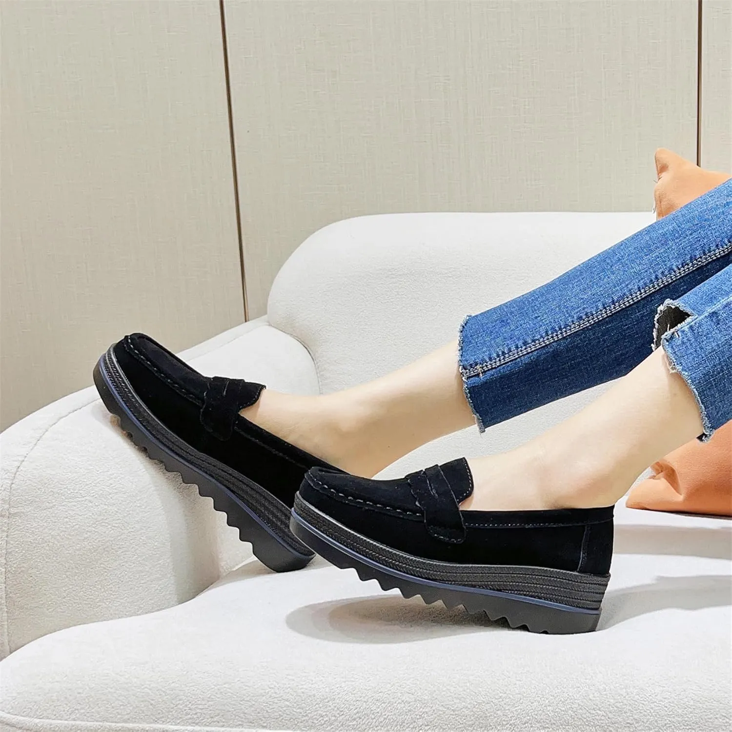 EnllerviiD Women's Platform Loafers Slip-On Comfortable Suede Moccasins Wedge Penny Loafers Casual Business Work Shoes