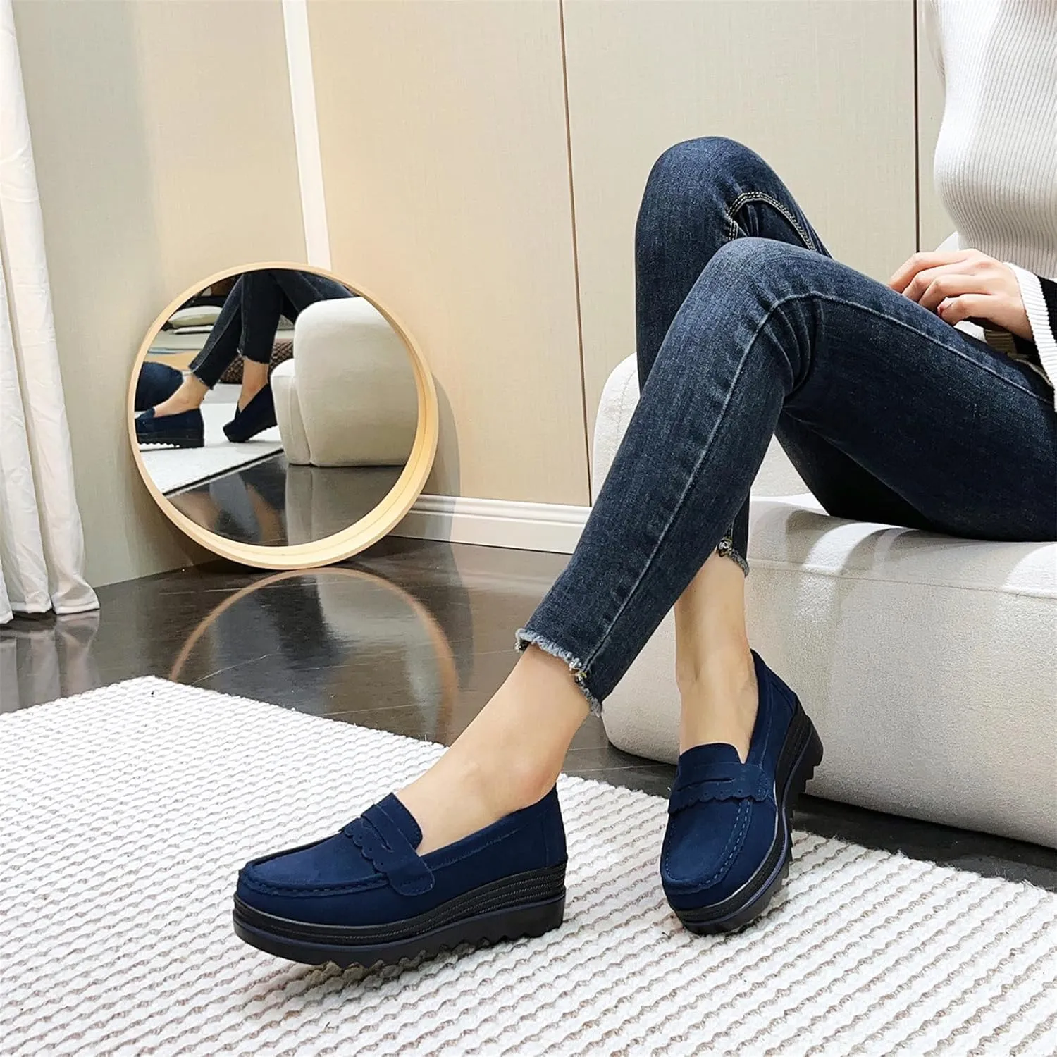 EnllerviiD Women's Platform Loafers Slip-On Comfortable Suede Moccasins Wedge Penny Loafers Casual Business Work Shoes