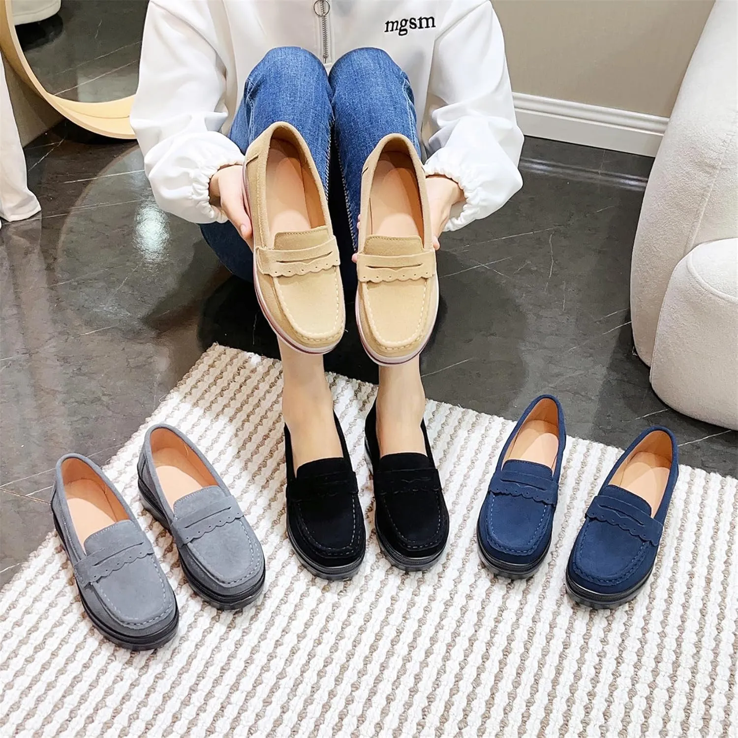 EnllerviiD Women's Platform Loafers Slip-On Comfortable Suede Moccasins Wedge Penny Loafers Casual Business Work Shoes