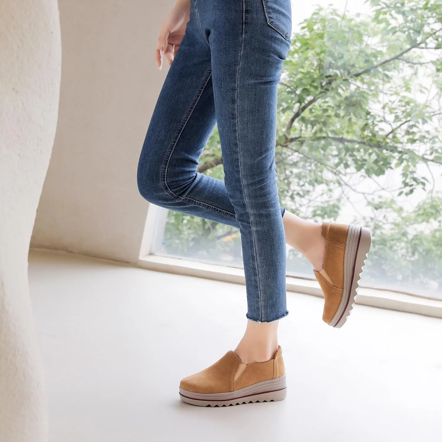 EnllerviiD Women's Platform Loafers Slip-On Comfortable Suede Moccasins Wedge Penny Loafers Thick Soft Platform Lightweight Casual Business Work Shoes