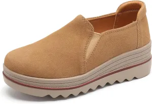 EnllerviiD Women's Platform Loafers Slip-On Comfortable Suede Moccasins Wedge Penny Loafers Thick Soft Platform Lightweight Casual Business Work Shoes