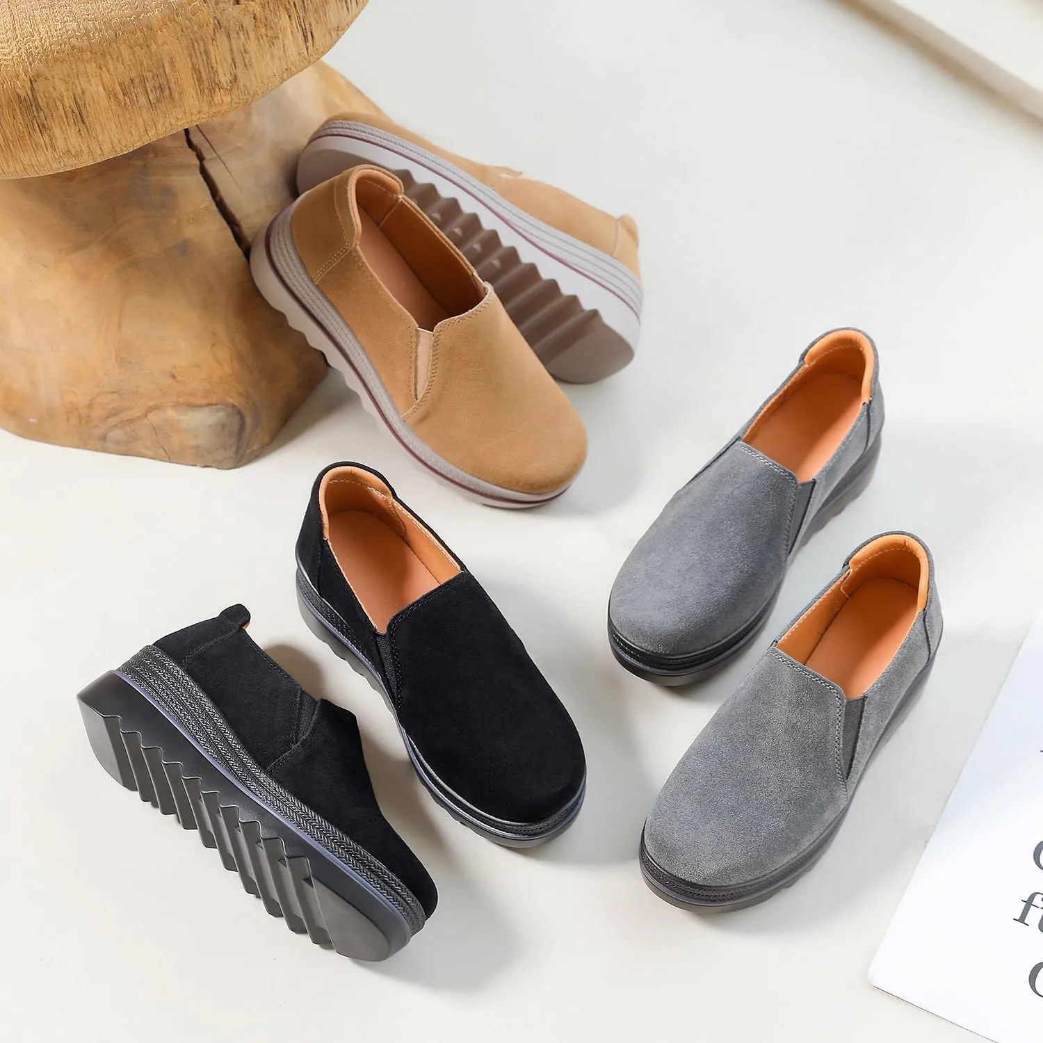 EnllerviiD Women's Platform Loafers Slip-On Comfortable Suede Moccasins Wedge Penny Loafers Thick Soft Platform Lightweight Casual Business Work Shoes