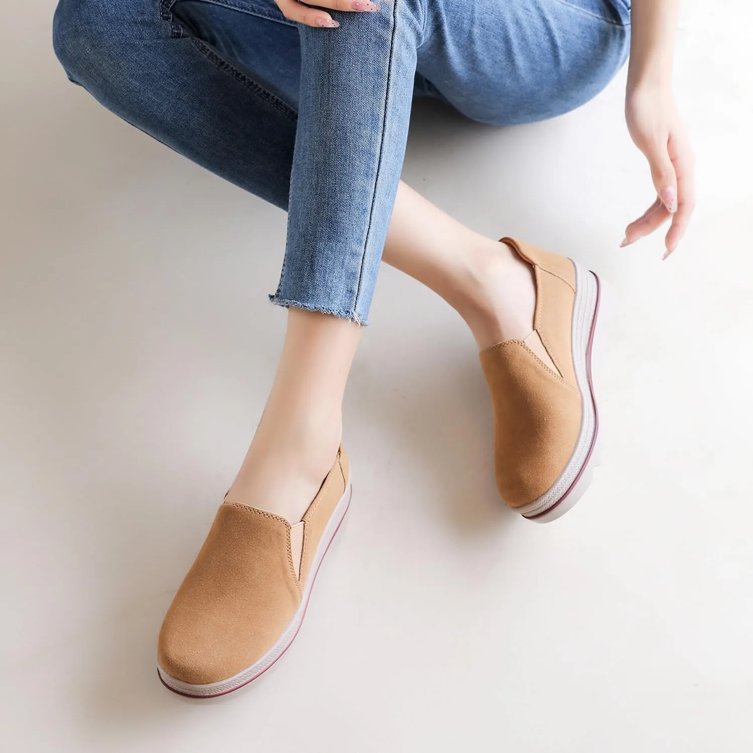 EnllerviiD Women's Platform Loafers Slip-On Comfortable Suede Moccasins Wedge Penny Loafers Thick Soft Platform Lightweight Casual Business Work Shoes