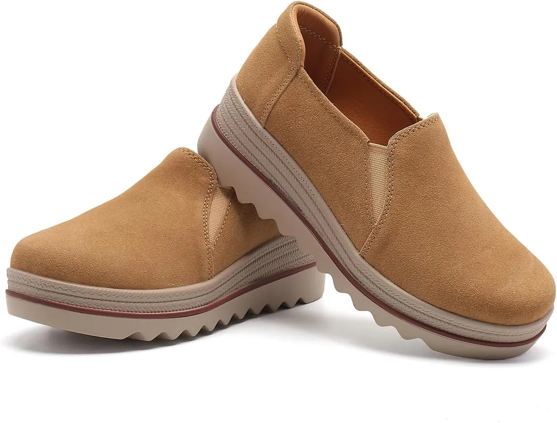 EnllerviiD Women's Platform Loafers Slip-On Comfortable Suede Moccasins Wedge Penny Loafers Thick Soft Platform Lightweight Casual Business Work Shoes