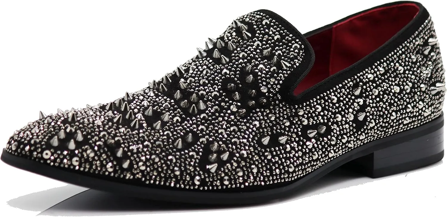 Enzo Romeo Men Fashion Rhinestones Studs Tuxedo Slip On Loafer Dress Shoes WBG